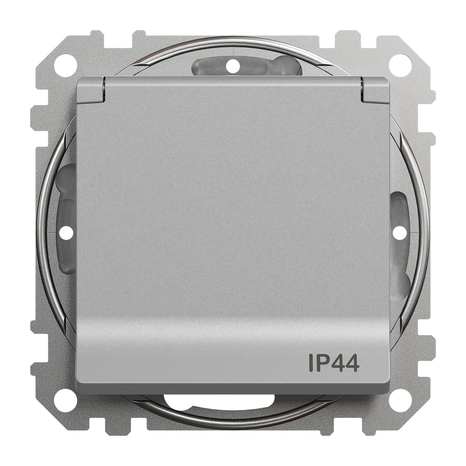 Gniazdo zasilające schuko z przesłonami torów prądowych IP44, srebrne aluminium